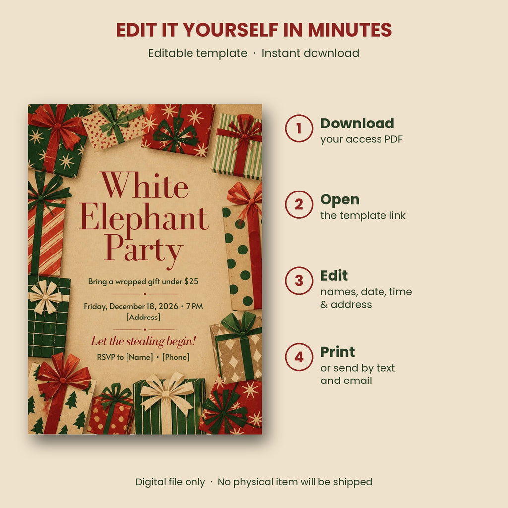White Elephant Christmas Party Invitation – Editable Canva Template
