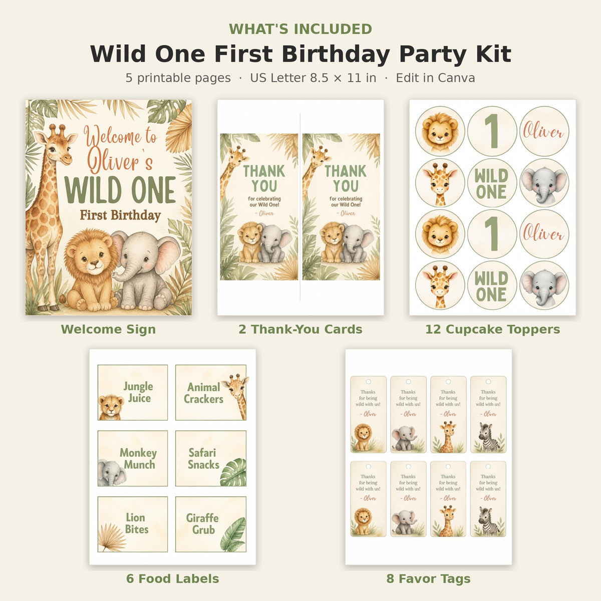 What's included in the Wild One safari party kit – welcome sign, 2 thank-you cards, 12 cupcake toppers, 6 food labels, 8 favor tags