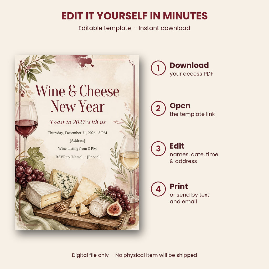 Wine & Cheese New Year's Eve Party Invitation – Editable Canva Template