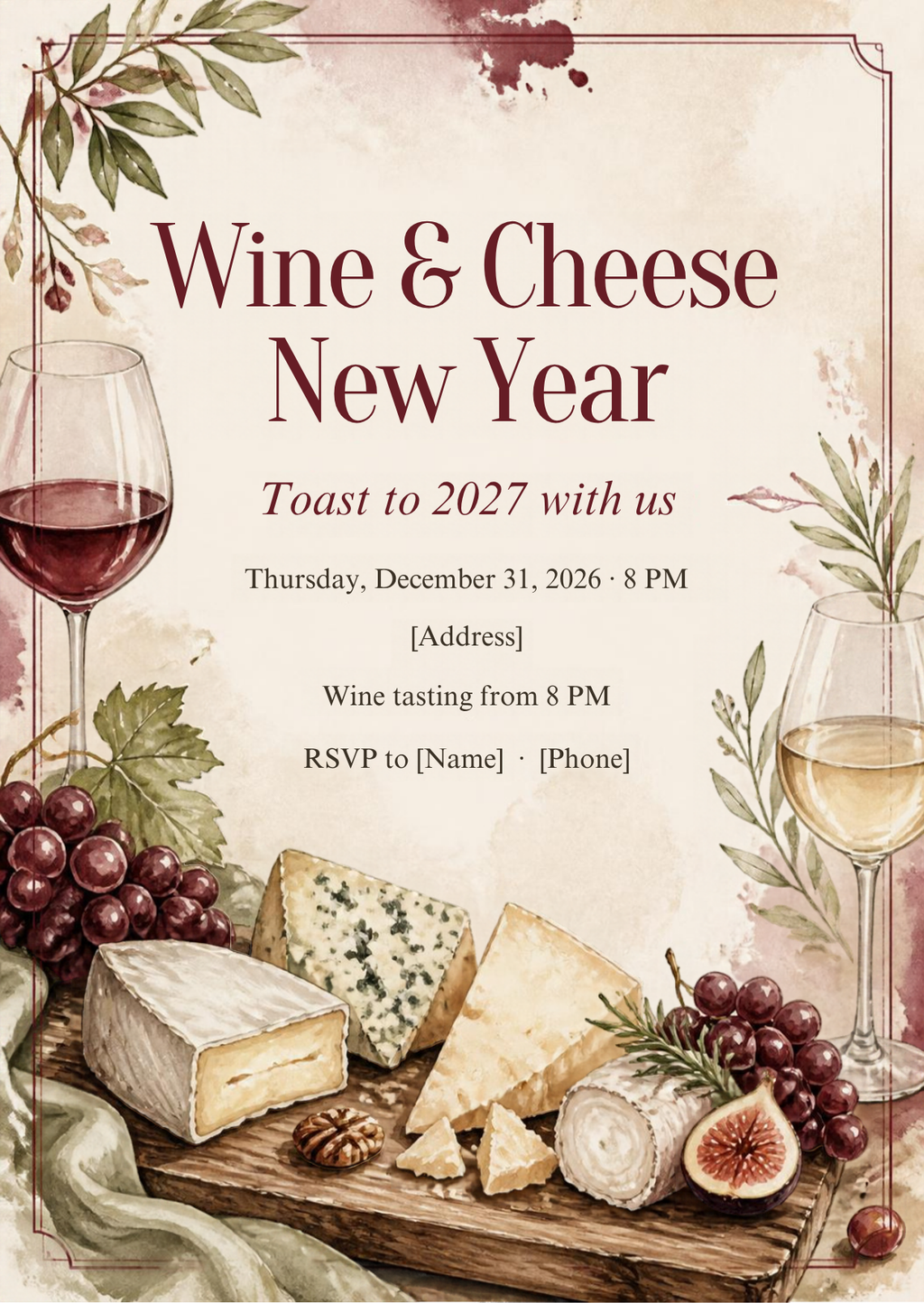 Wine & Cheese New Year's Eve Party Invitation – Editable Canva Template