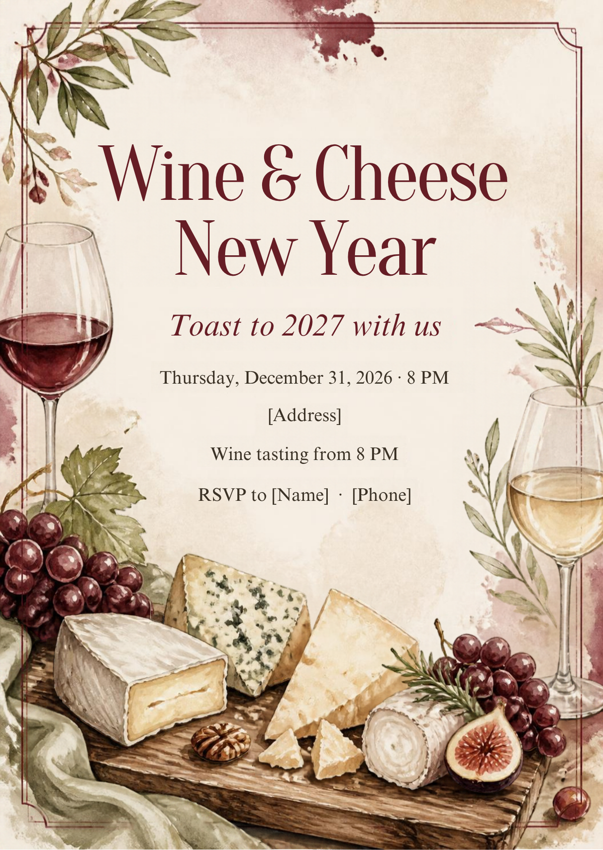 Wine & Cheese New Year's Eve Party Invitation – Editable Canva Template