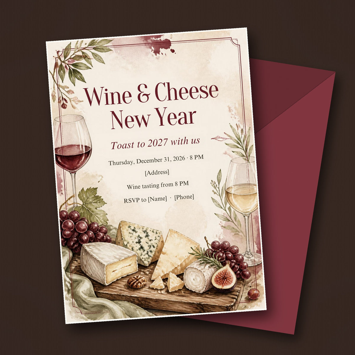 Wine & Cheese New Year's Eve Party Invitation – Editable Canva Template