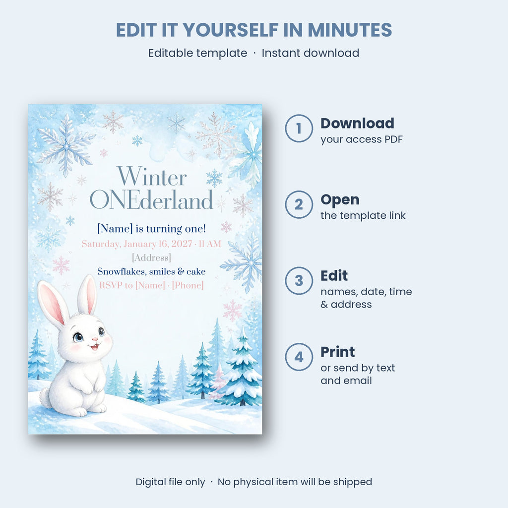 Winter ONEderland Bunny First Birthday Invitation – Editable Canva Template