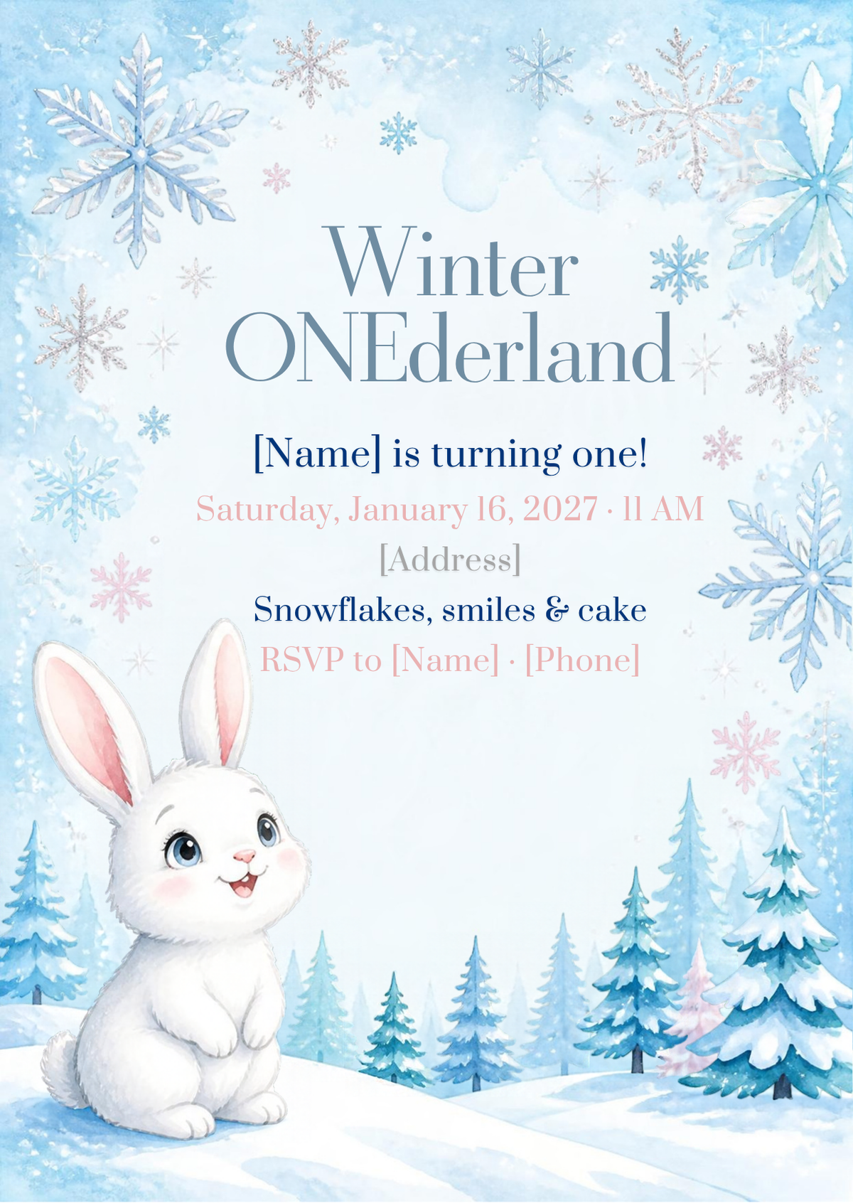 Winter ONEderland Bunny First Birthday Invitation – Editable Canva Template