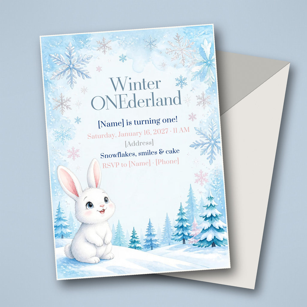 Winter ONEderland Bunny First Birthday Invitation – Editable Canva Template