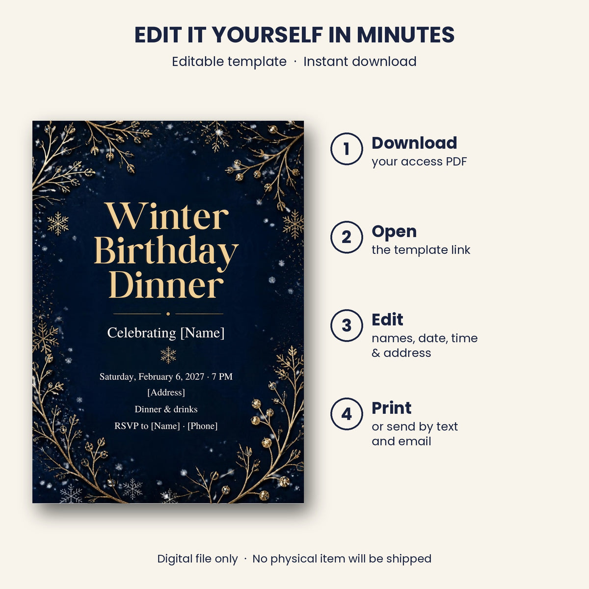 Winter Birthday Dinner Invitation – Editable Canva Template
