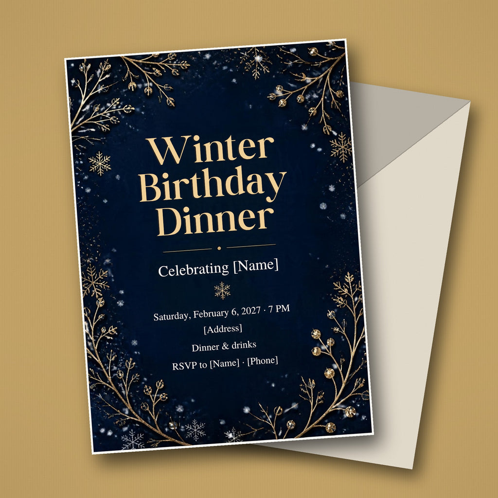 Winter Birthday Dinner Invitation – Editable Canva Template