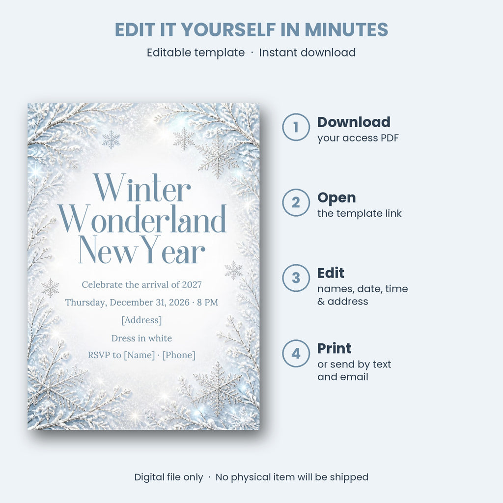 Winter Wonderland New Year's Eve Invitation – Editable Canva Template