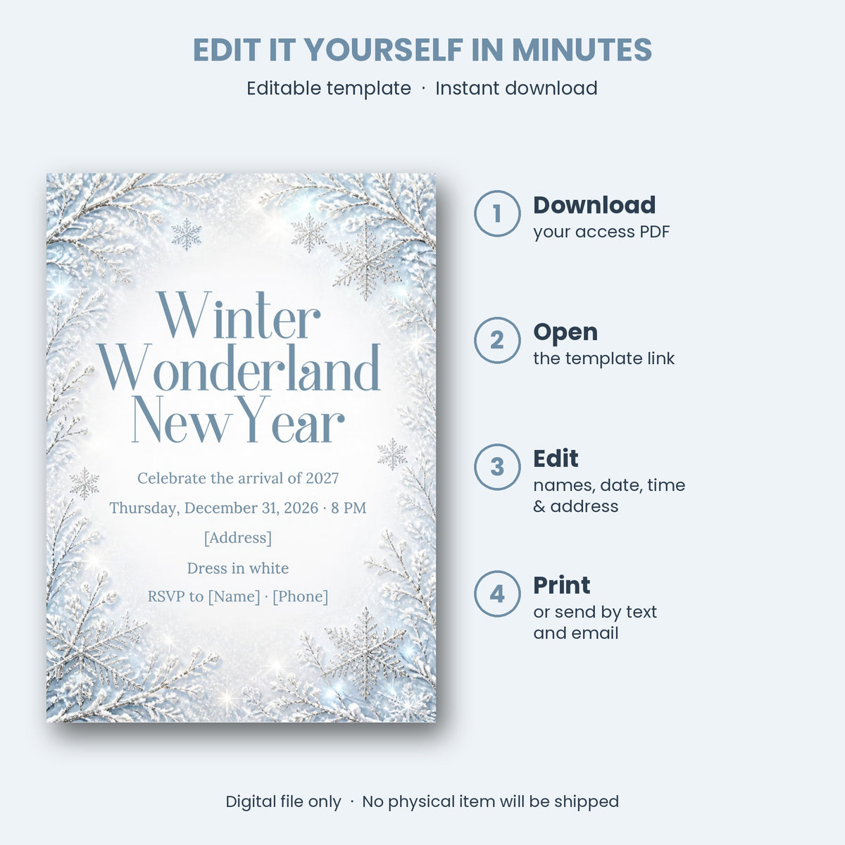 Winter Wonderland New Year's Eve Invitation – Editable Canva Template