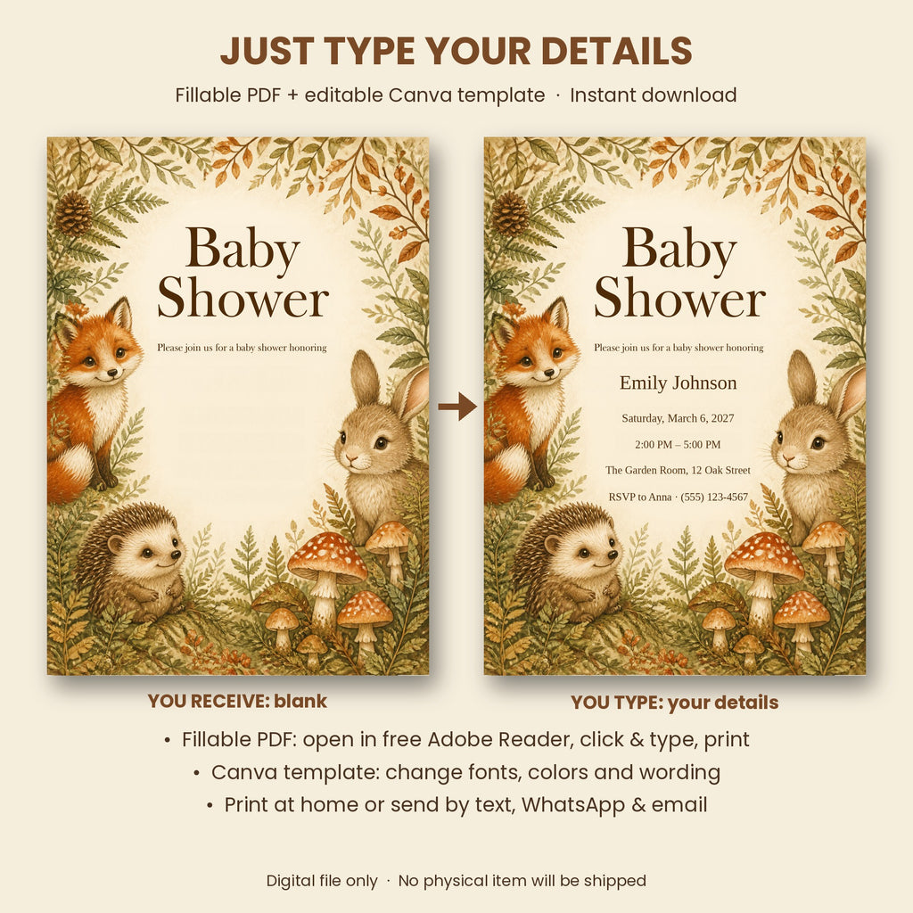 Woodland Baby Shower Invitation – Fillable PDF & Editable Canva Template