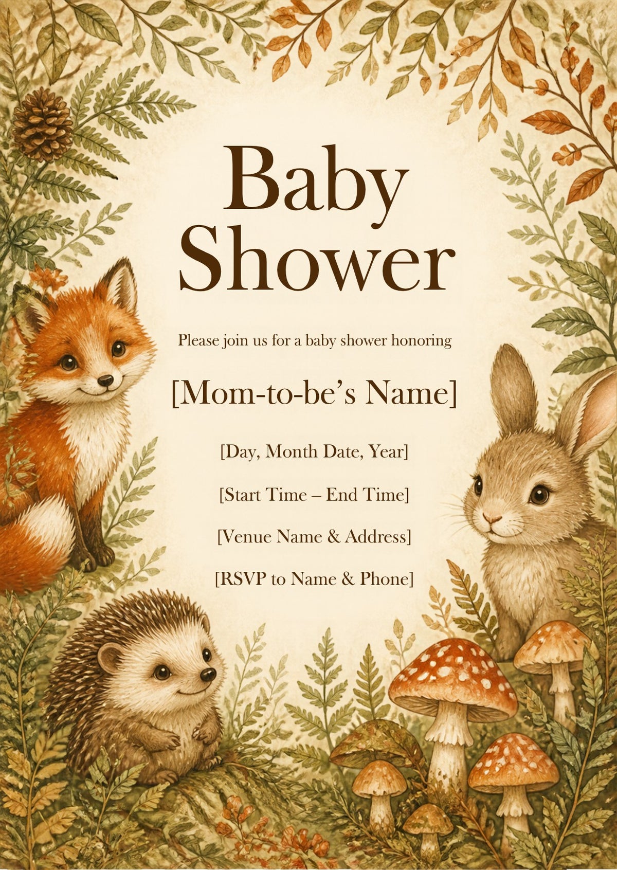 Woodland Baby Shower Invitation – Fillable PDF & Editable Canva Template