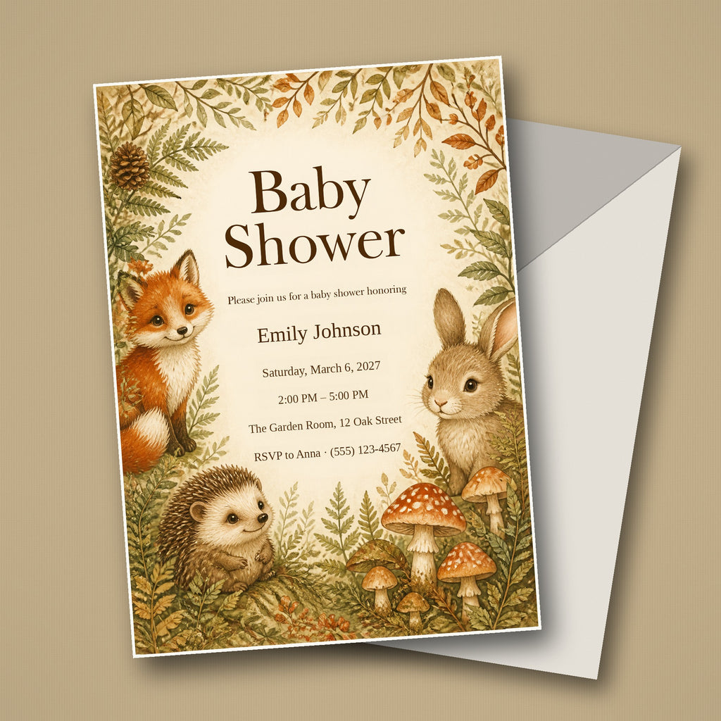 Woodland Baby Shower Invitation – Fillable PDF & Editable Canva Template