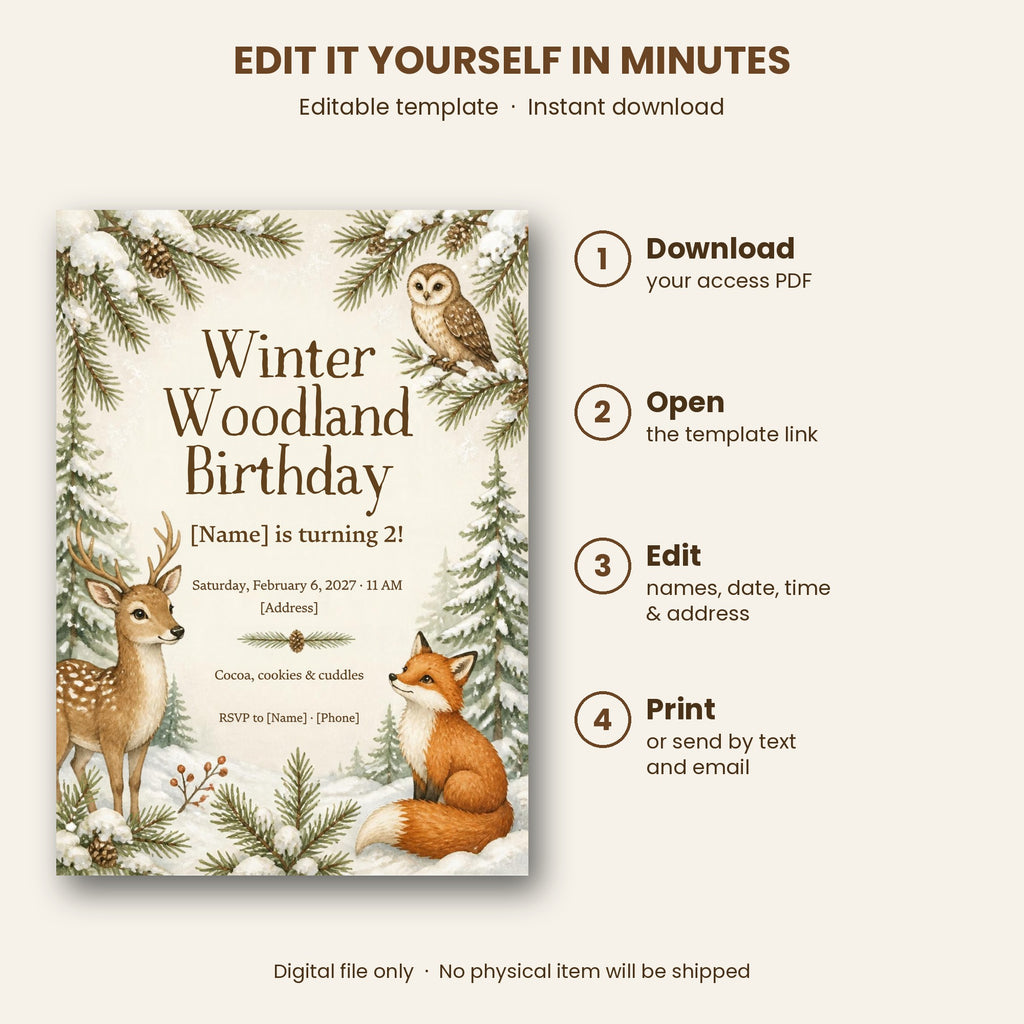 Winter Woodland Birthday Party Invitation – Editable Canva Template