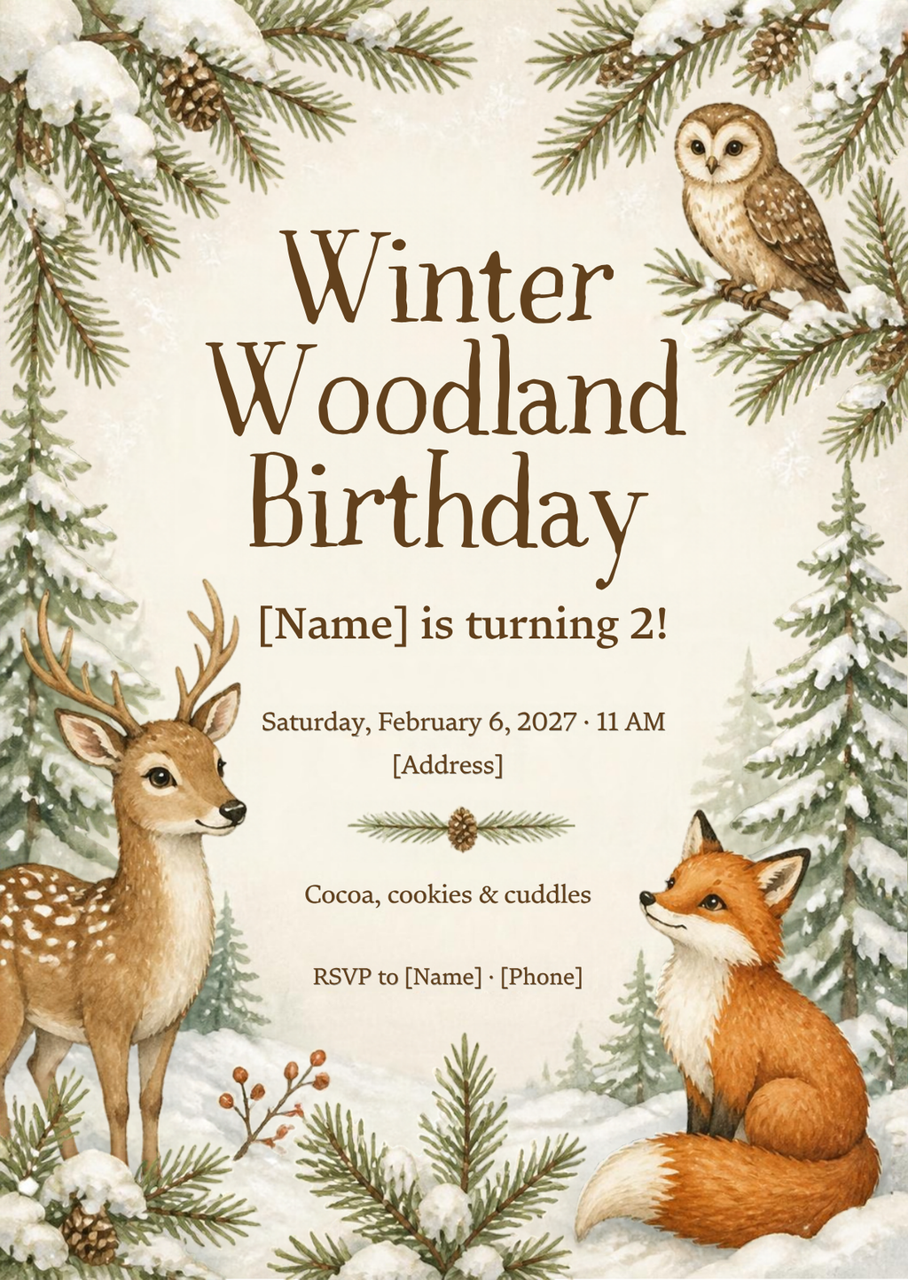 Winter Woodland Birthday Party Invitation – Editable Canva Template