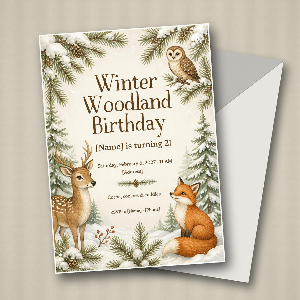 Winter Woodland Birthday Party Invitation – Editable Canva Template