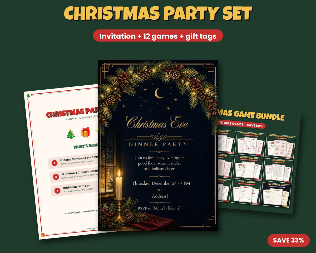 Christmas Party Set – Christmas Eve Invitation + 12 Printable Games + Gift Tags