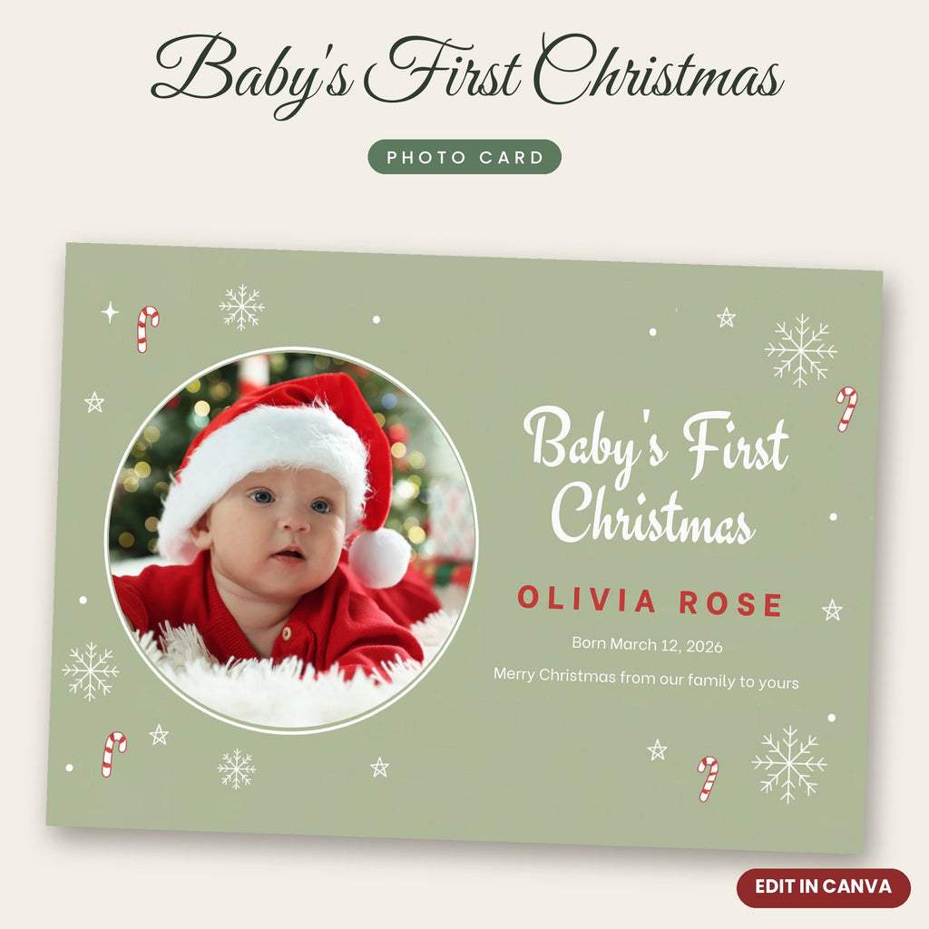 Baby's First Christmas Photo Card – Sage Green Snowflakes & Candy Canes, Editable Canva Template 7x5