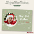 Baby's First Christmas Photo Card – Sage Green Snowflakes & Candy Canes, Editable Canva Template 7x5