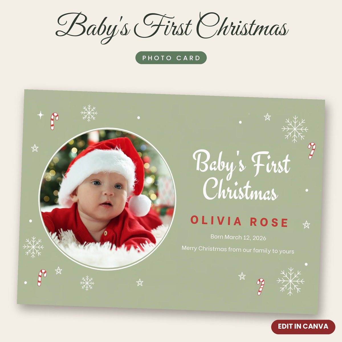 Baby's First Christmas Photo Card – Sage Green Snowflakes & Candy Canes, Editable Canva Template 7x5
