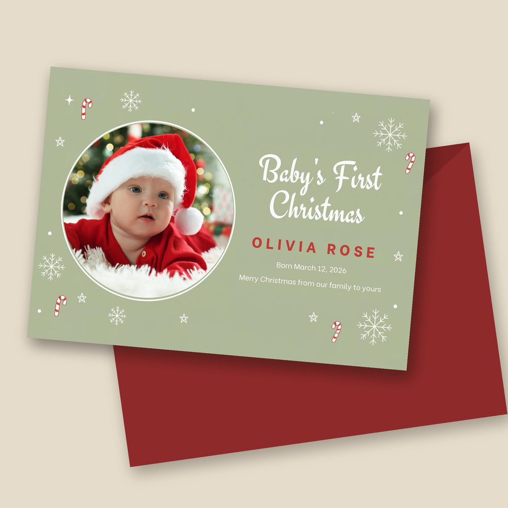Baby's First Christmas Photo Card – Sage Green Snowflakes & Candy Canes, Editable Canva Template 7x5