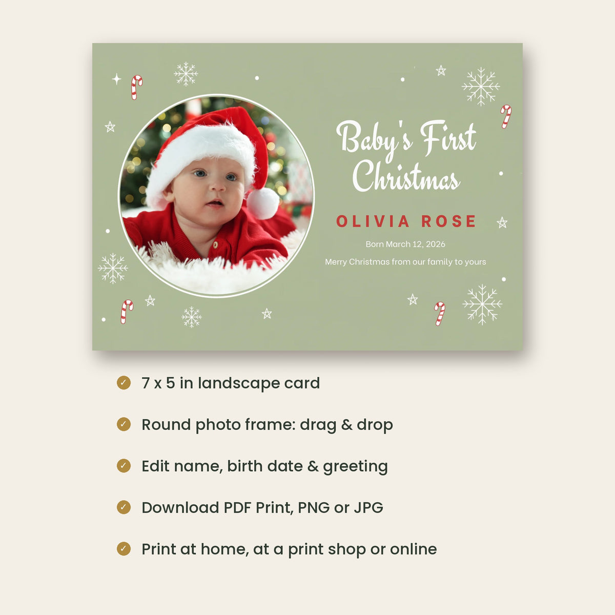 Baby's First Christmas Photo Card – Sage Green Snowflakes & Candy Canes, Editable Canva Template 7x5