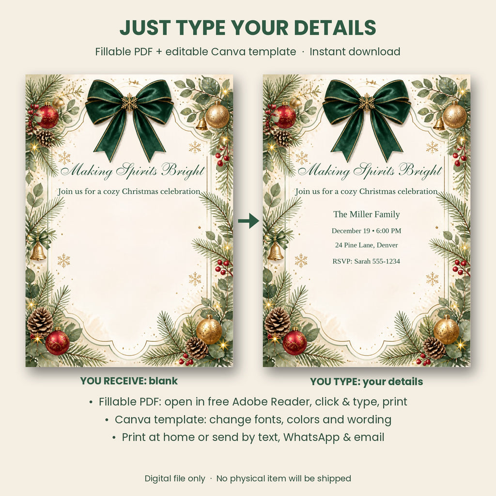 Making Spirits Bright Christmas Party Invitation – Fillable PDF & Editable Canva Template