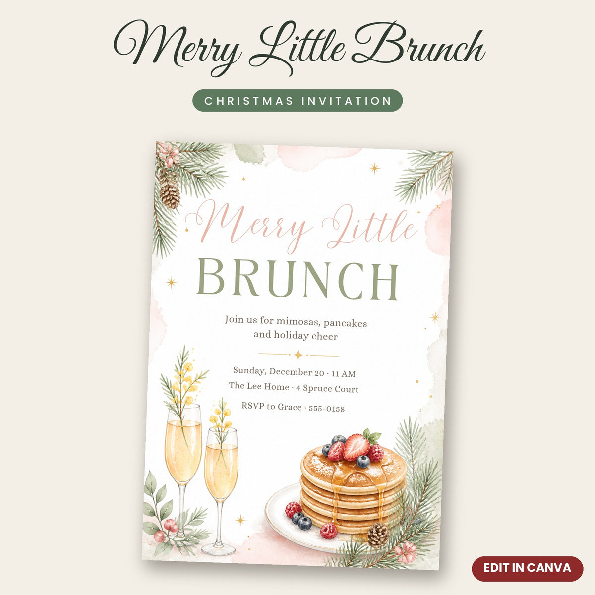 Merry Little Brunch Invitation – Pancakes & Mimosas, Blush & Sage Christmas, Editable Canva 5x7