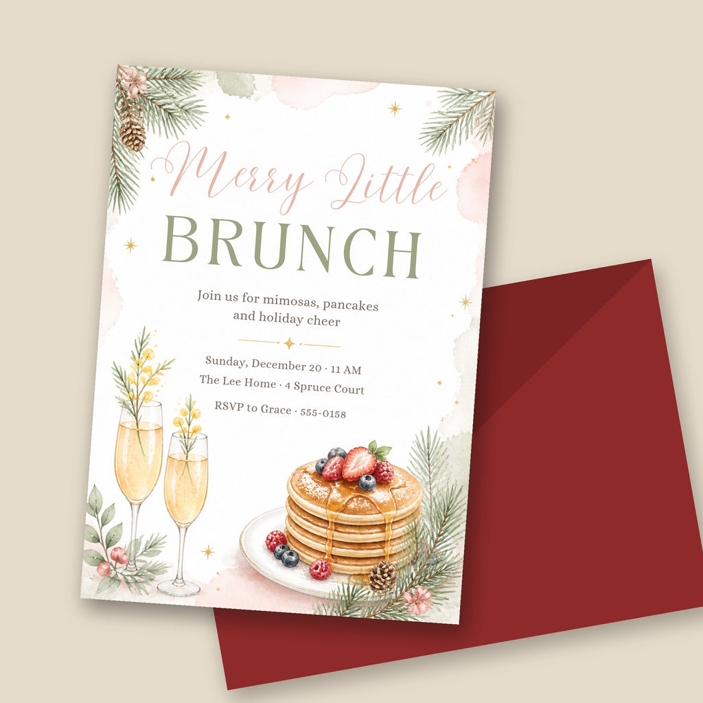 Merry Little Brunch Invitation – Pancakes & Mimosas, Blush & Sage Christmas, Editable Canva 5x7