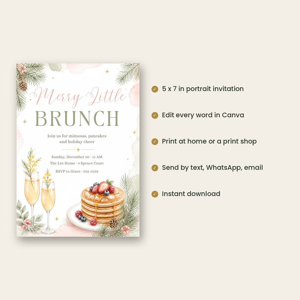 Merry Little Brunch Invitation – Pancakes & Mimosas, Blush & Sage Christmas, Editable Canva 5x7