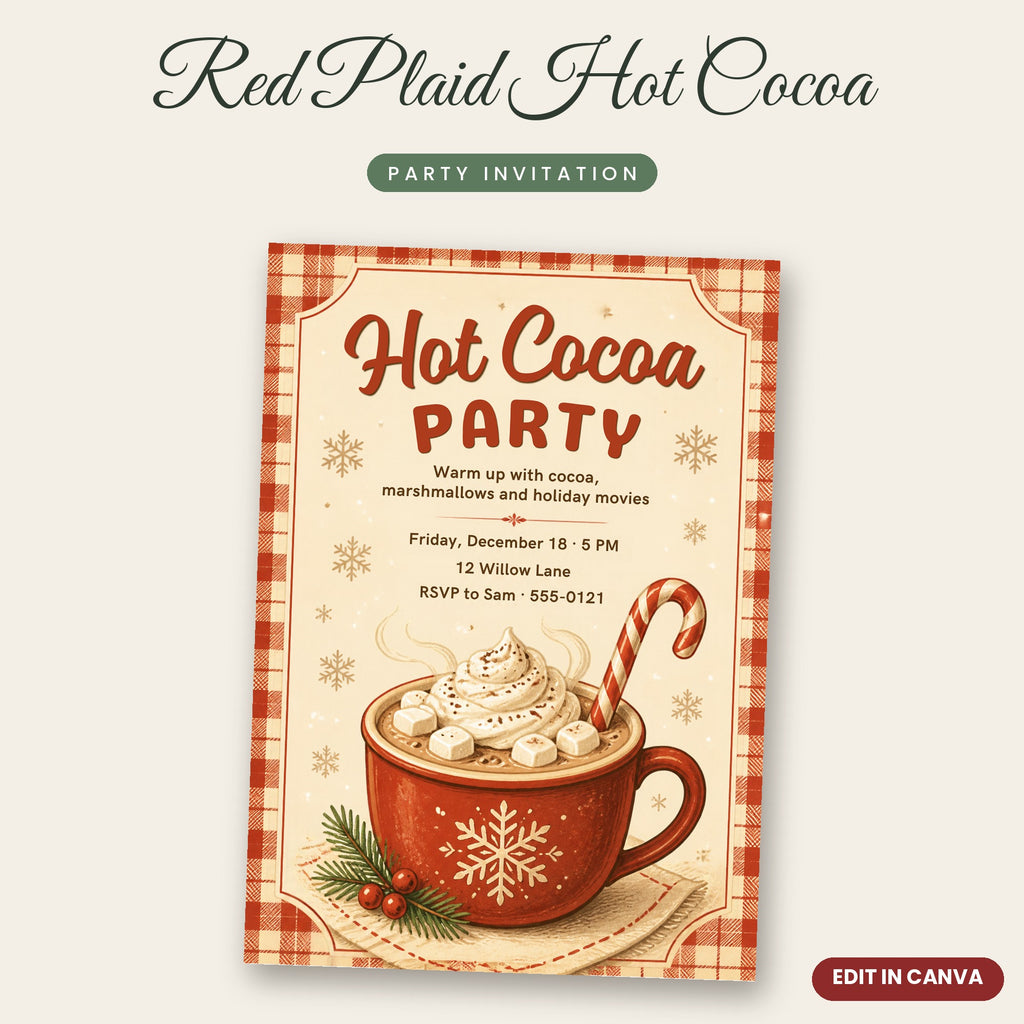 Red Plaid Hot Cocoa Party Invitation – Cozy Christmas Mug, Editable Canva 5x7