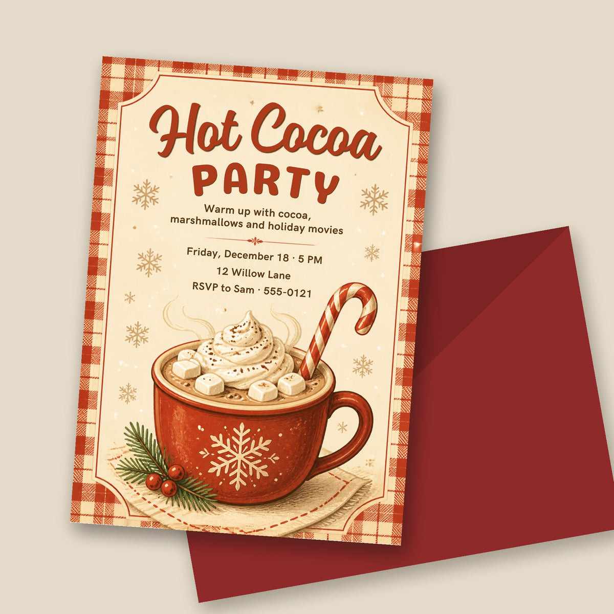 Red Plaid Hot Cocoa Party Invitation – Cozy Christmas Mug, Editable Canva 5x7