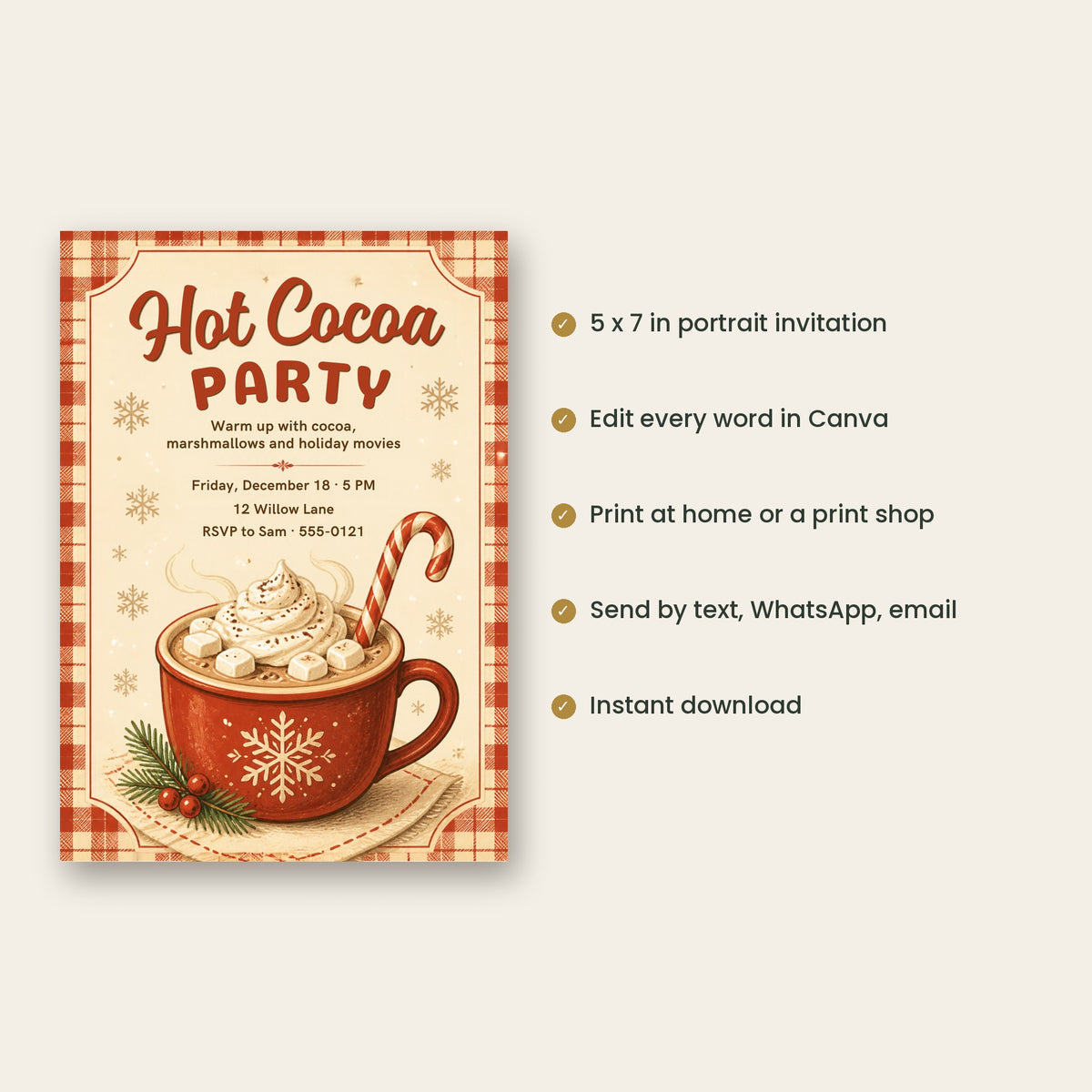 Red Plaid Hot Cocoa Party Invitation – Cozy Christmas Mug, Editable Canva 5x7