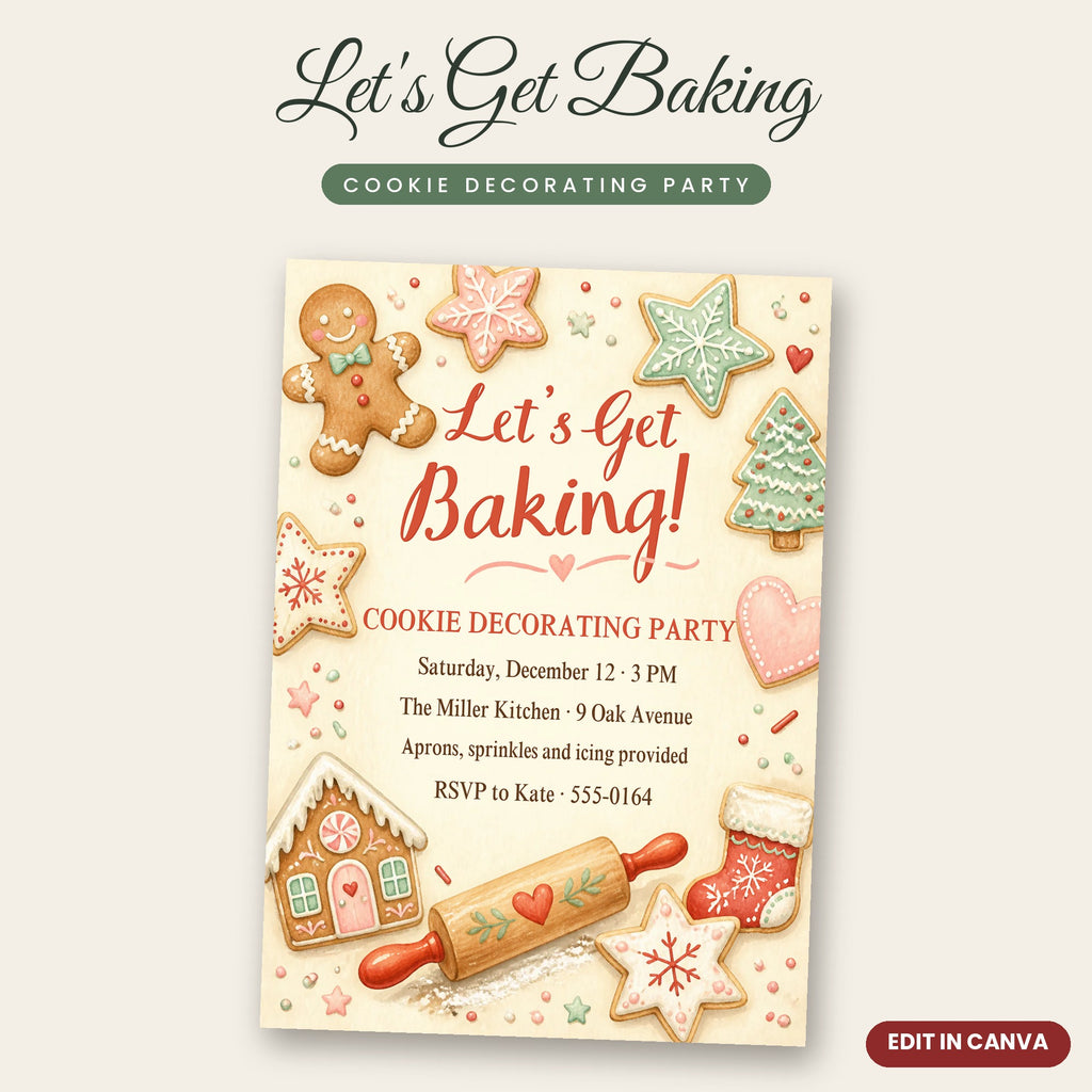 Let's Get Baking Cookie Decorating Party Invitation – Pastel Christmas Cookies, Editable Canva 5x7