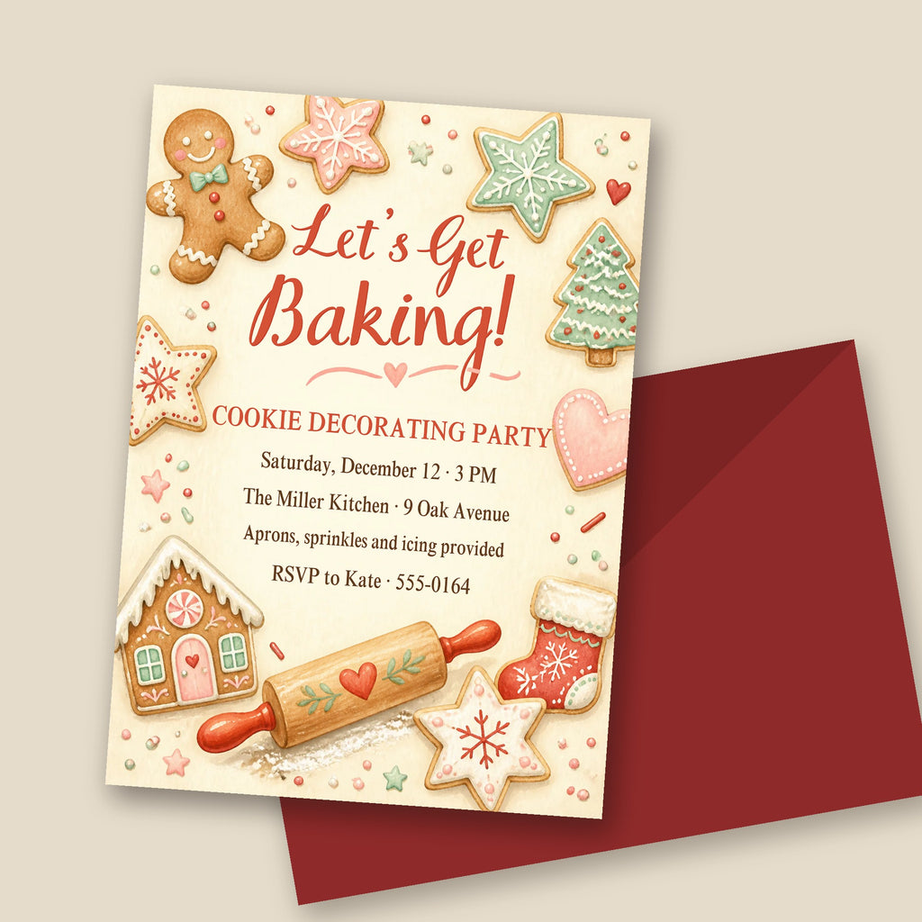 Let's Get Baking Cookie Decorating Party Invitation – Pastel Christmas Cookies, Editable Canva 5x7