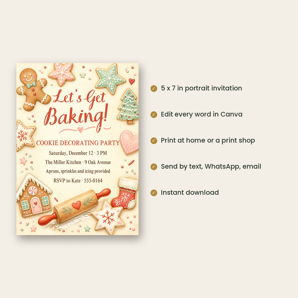 Let's Get Baking Cookie Decorating Party Invitation – Pastel Christmas Cookies, Editable Canva 5x7