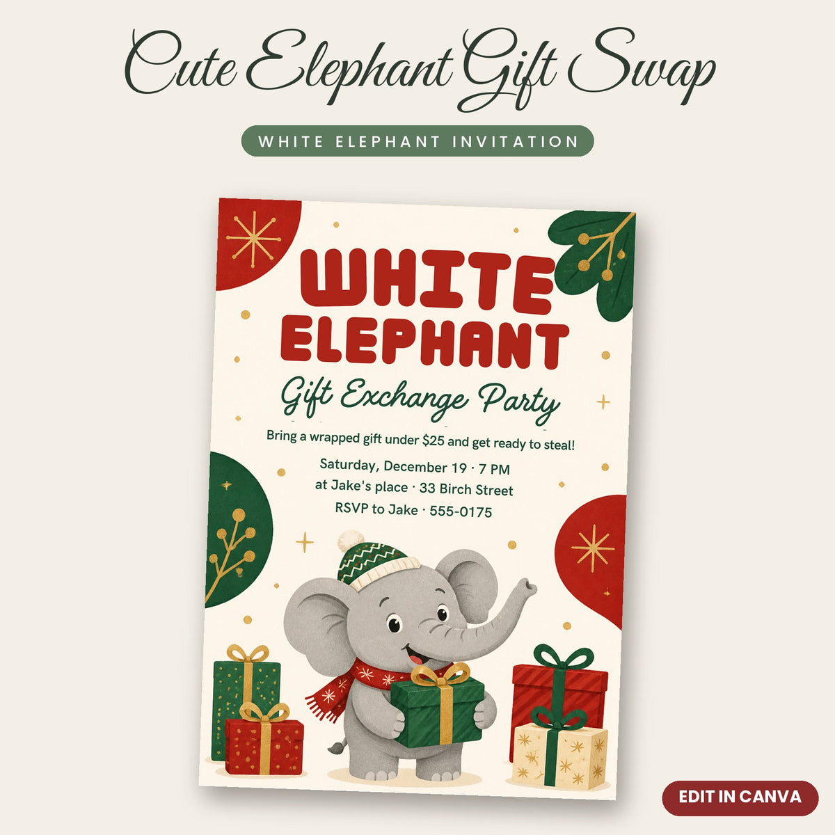 Cute Elephant White Elephant Gift Exchange Invitation – Christmas Party, Editable Canva 5x7