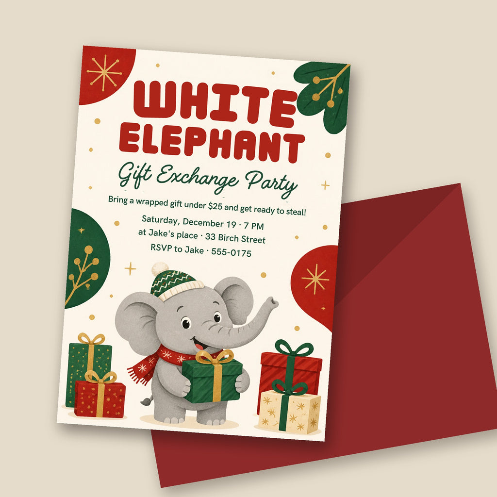 Cute Elephant White Elephant Gift Exchange Invitation – Christmas Party, Editable Canva 5x7