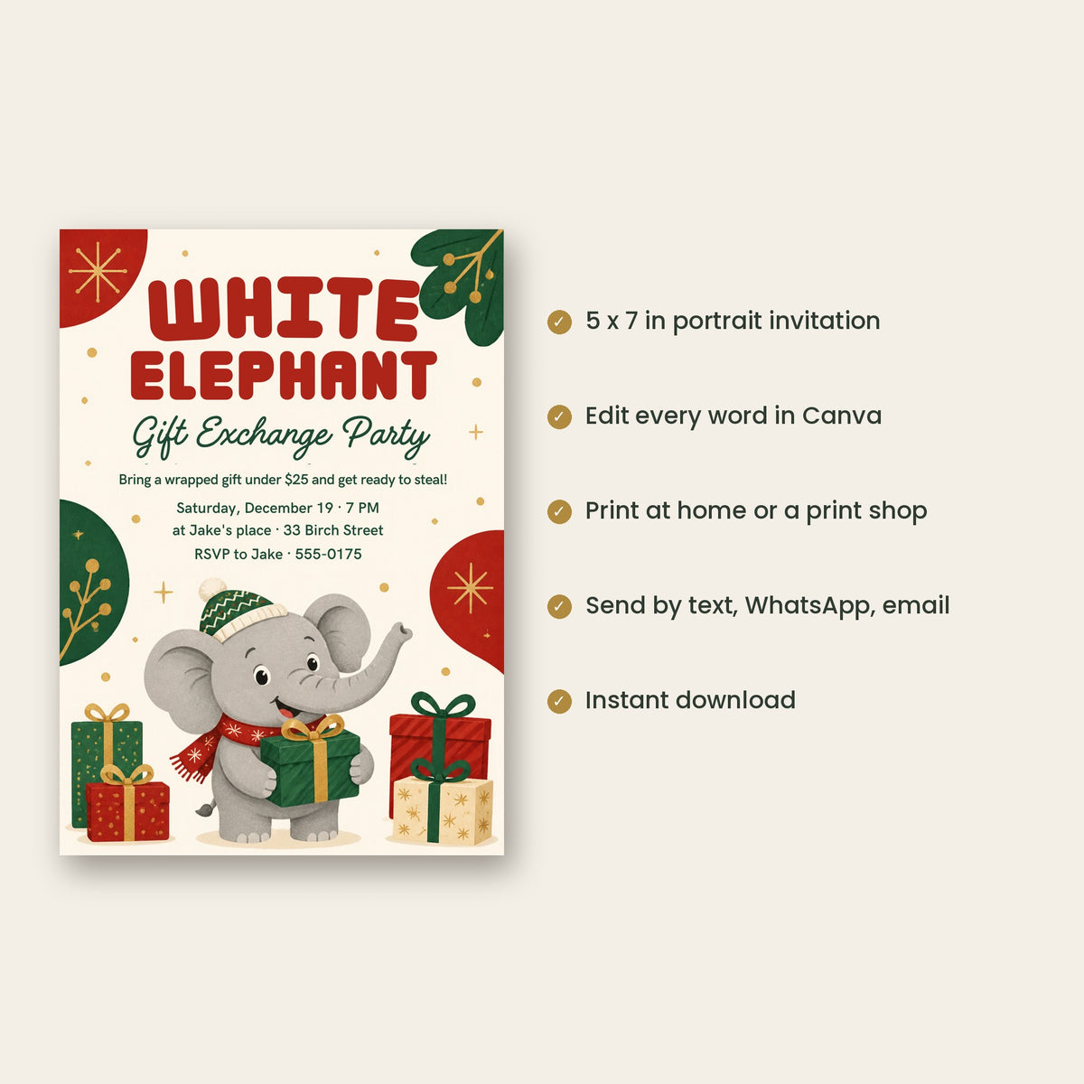 Cute Elephant White Elephant Gift Exchange Invitation – Christmas Party, Editable Canva 5x7