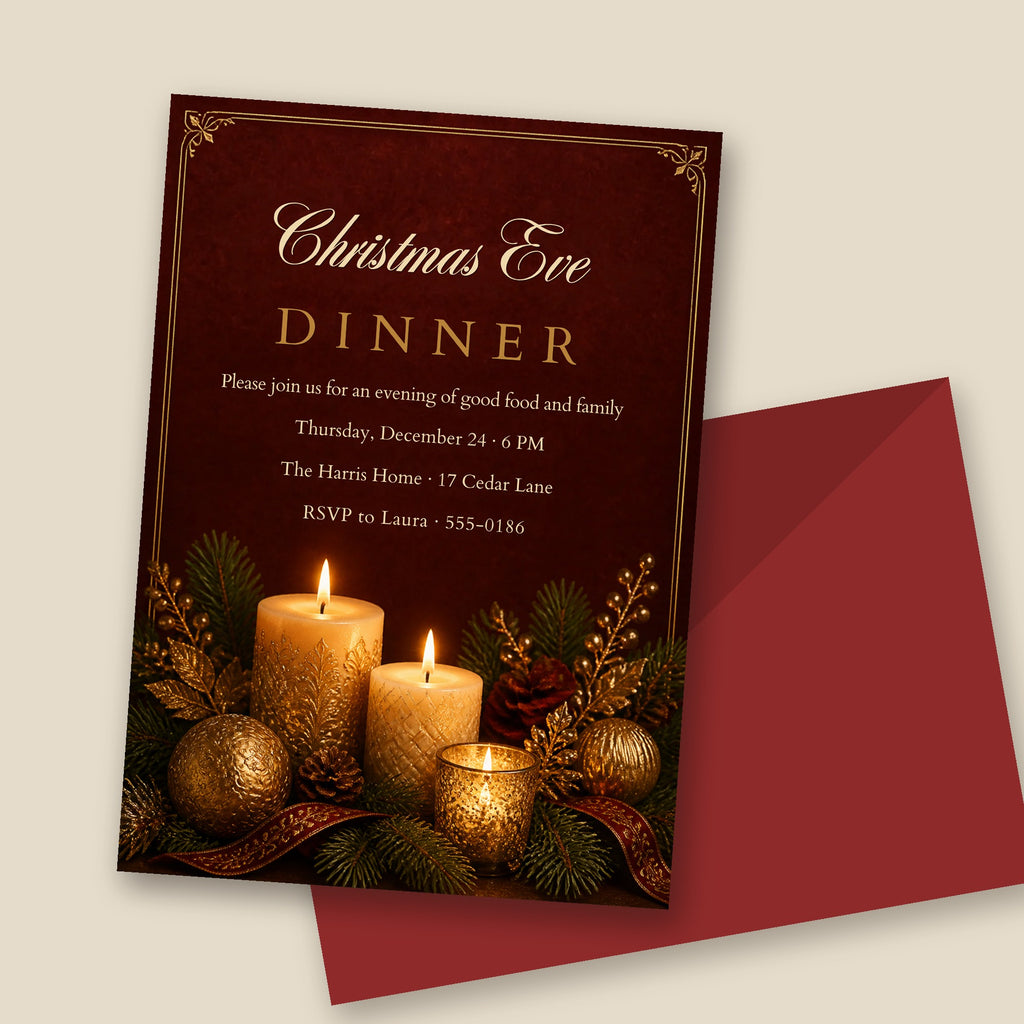 Golden Candles Christmas Eve Dinner Invitation – Burgundy & Gold, Editable Canva 5x7