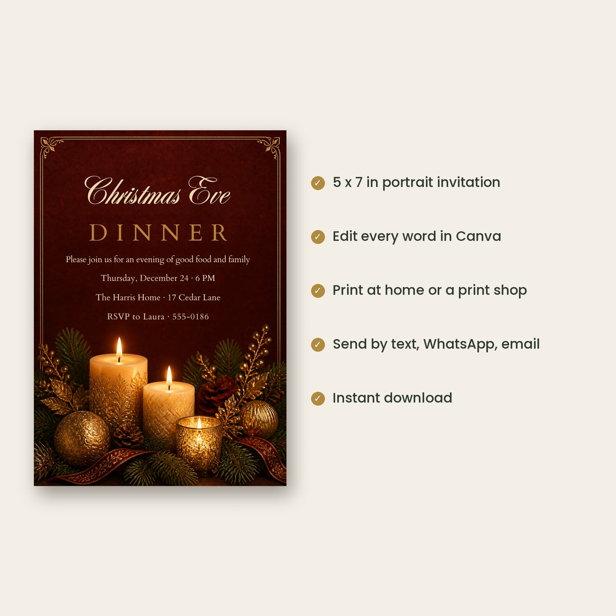 Golden Candles Christmas Eve Dinner Invitation – Burgundy & Gold, Editable Canva 5x7