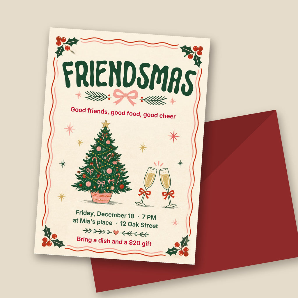 Friendsmas Party Invitation – Retro Christmas Friends Party, Editable Canva Template 5x7