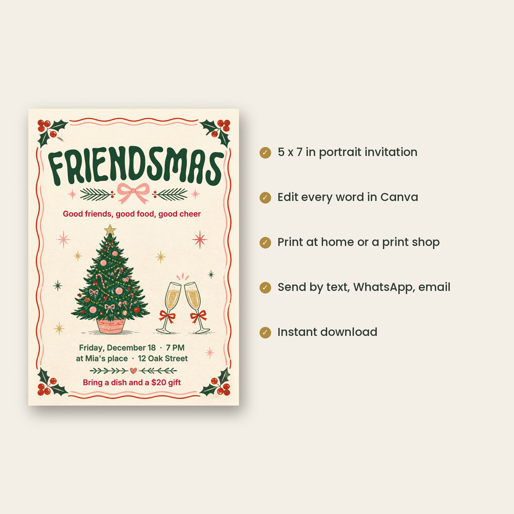Friendsmas Party Invitation – Retro Christmas Friends Party, Editable Canva Template 5x7