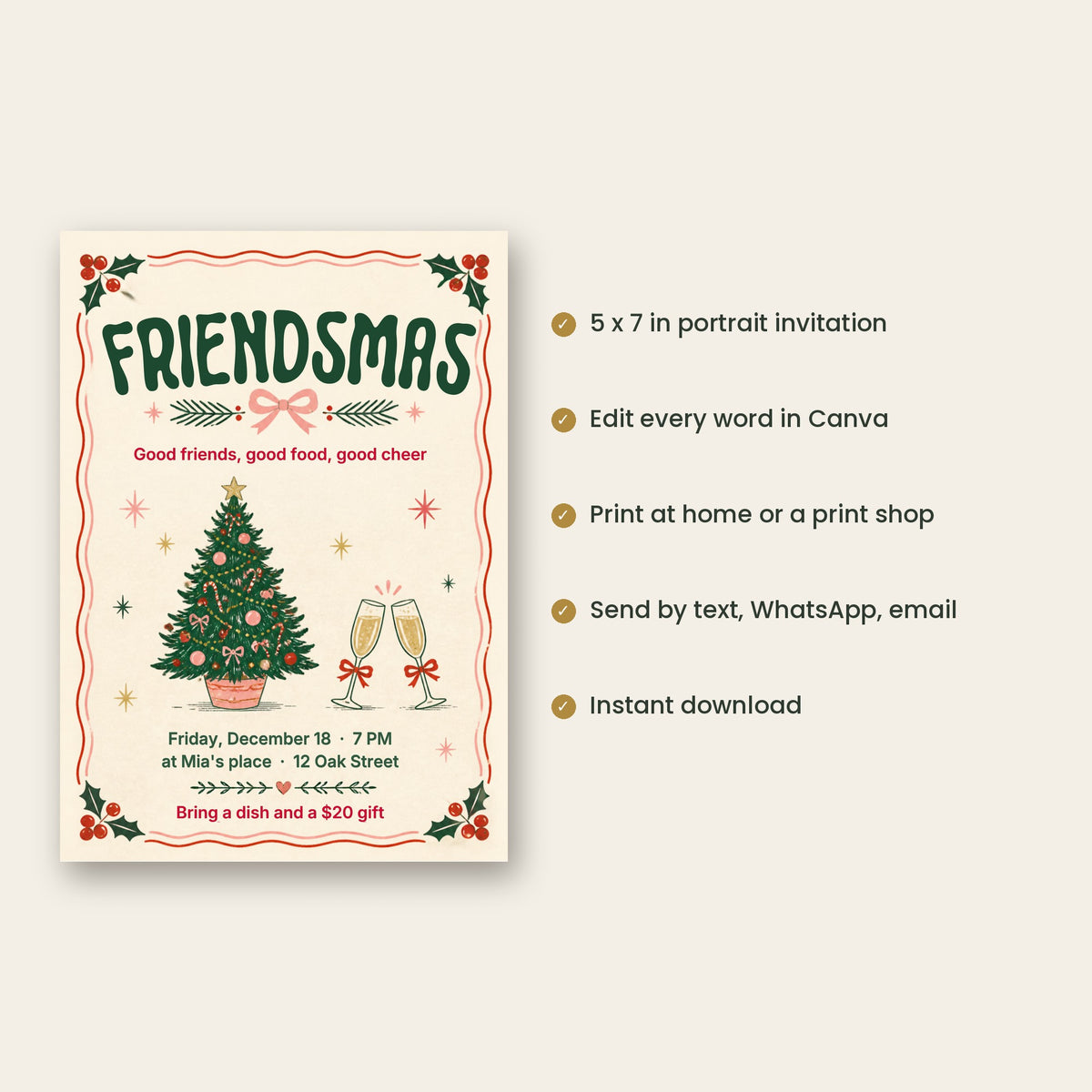 Friendsmas Party Invitation – Retro Christmas Friends Party, Editable Canva Template 5x7