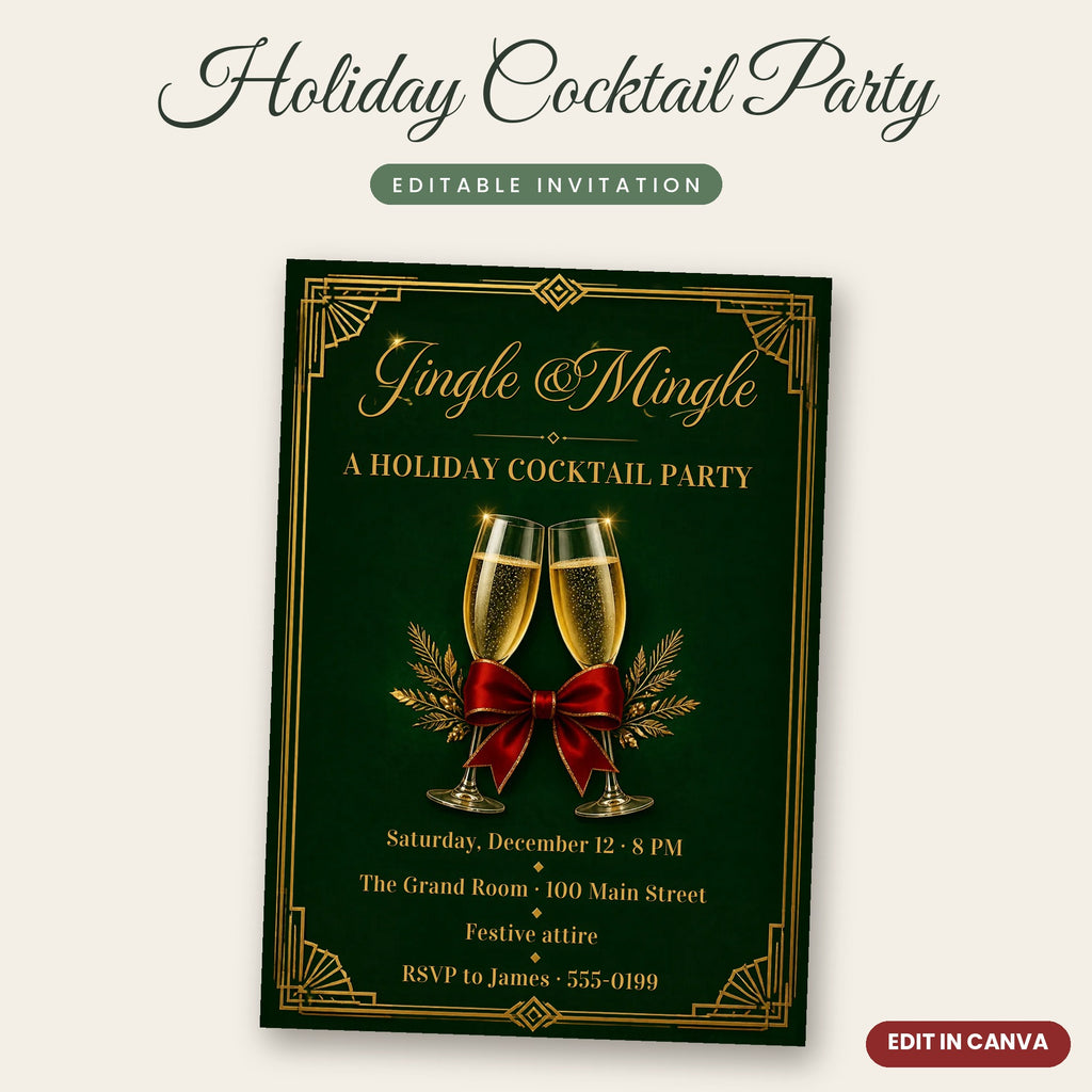 Jingle & Mingle Holiday Cocktail Party Invitation – Emerald & Gold, Editable Canva 5x7