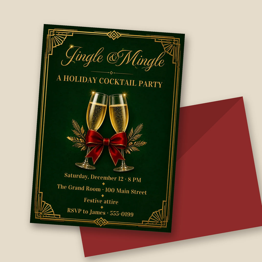Jingle & Mingle Holiday Cocktail Party Invitation – Emerald & Gold, Editable Canva 5x7