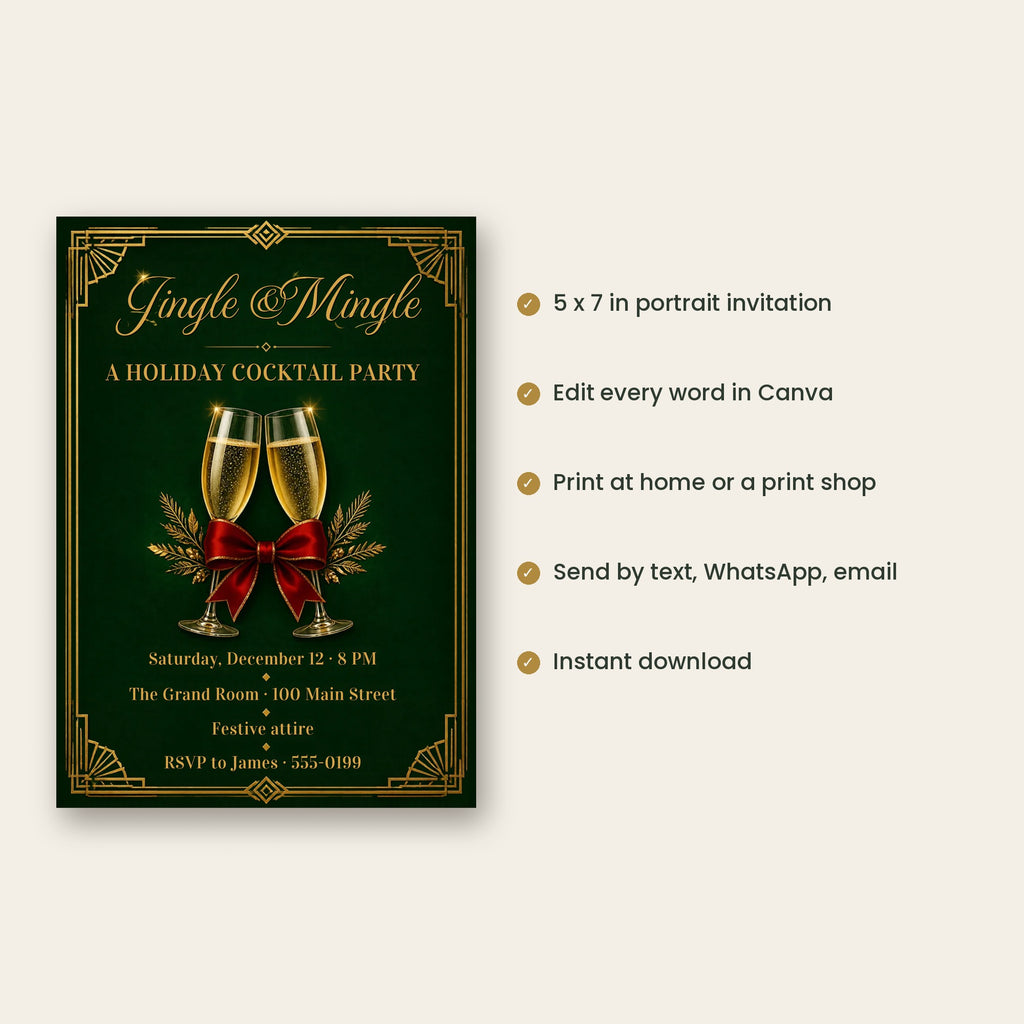 Jingle & Mingle Holiday Cocktail Party Invitation – Emerald & Gold, Editable Canva 5x7