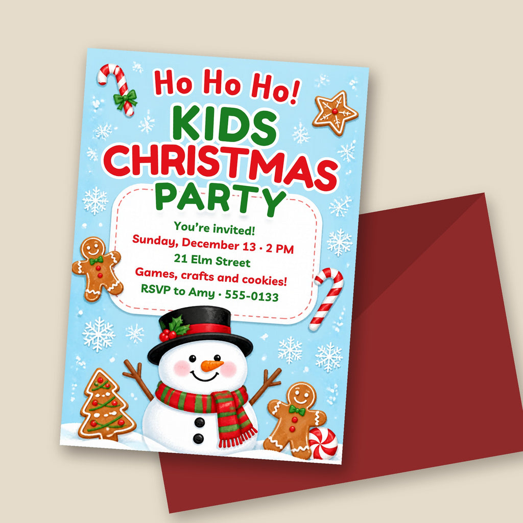 Ho Ho Ho Kids Christmas Party Invitation – Snowman & Cookies, Sky Blue, Editable Canva 5x7