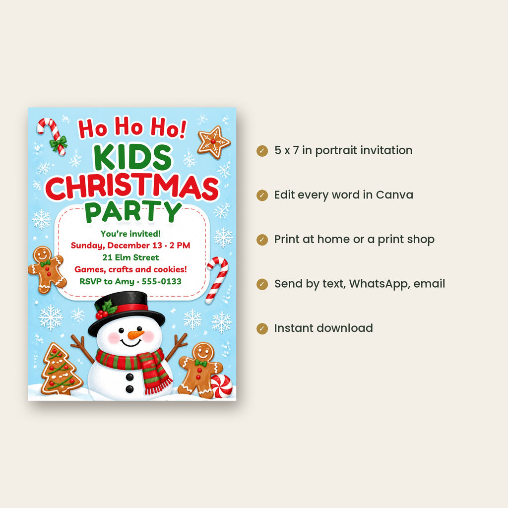Ho Ho Ho Kids Christmas Party Invitation – Snowman & Cookies, Sky Blue, Editable Canva 5x7