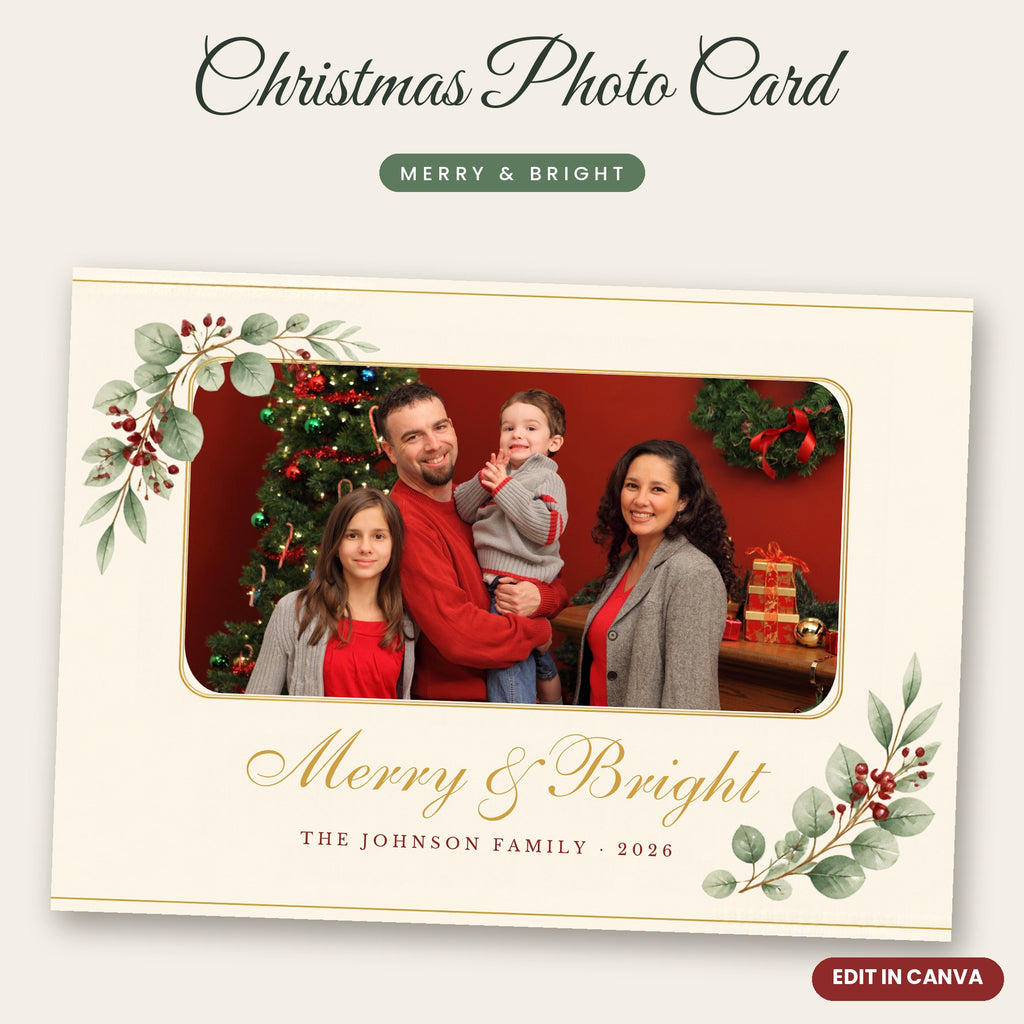 Merry & Bright Christmas Photo Card – Editable Canva Template, 7x5 Family Holiday Card