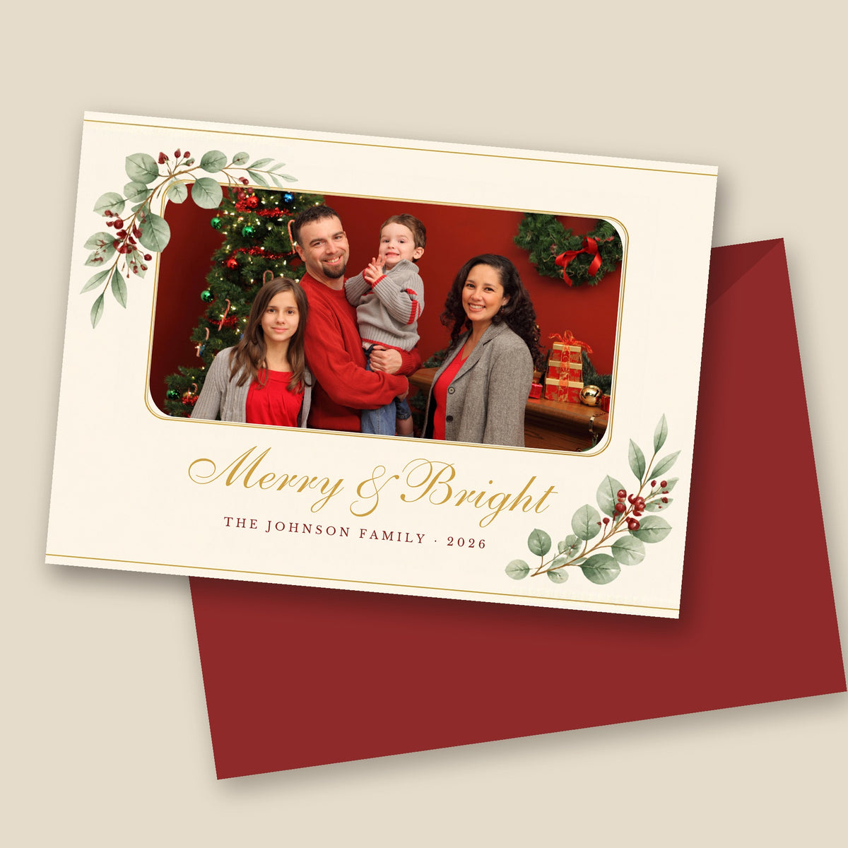 Merry & Bright Christmas Photo Card – Editable Canva Template, 7x5 Family Holiday Card